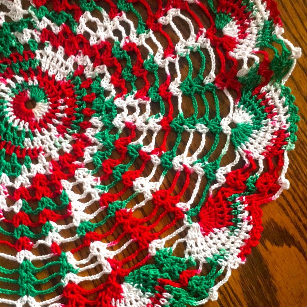 Handmade Crochet Christmas Doily 14" Red, White, Green.